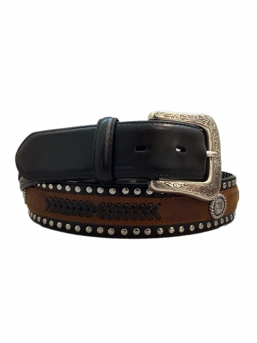 Unbranded Western Two-tone black/brown Genuine Leather Studded Concho Belt,  42